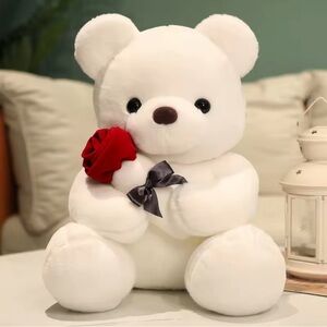 White Plush Teddy Bear Holding Red Rose